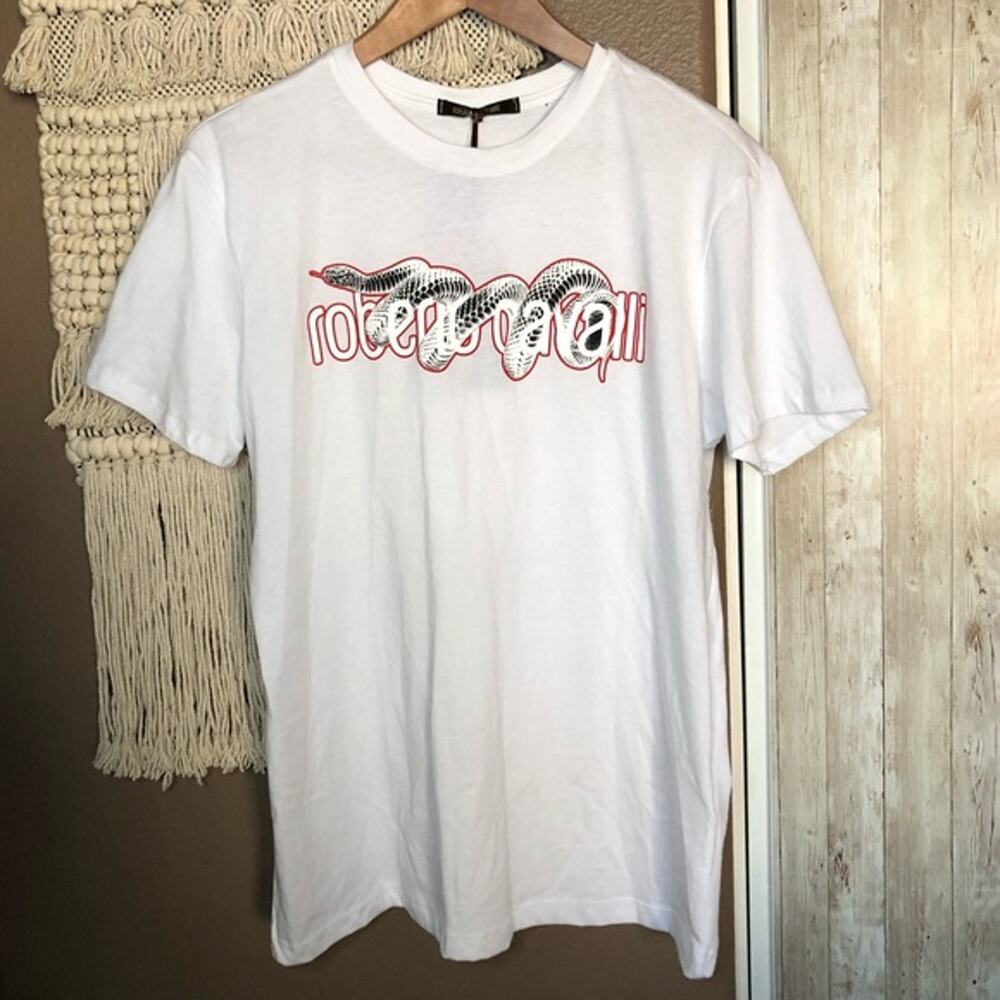 Roberto Cavalli Snake Wrapped Logo White T-Shirt